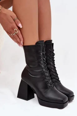 Boto Botki Ocieplane|Botki Na Słupku*Botki Damskie Ocieplane Na Słupku Ze Sznurowaniem Czarne Juvina Czarny