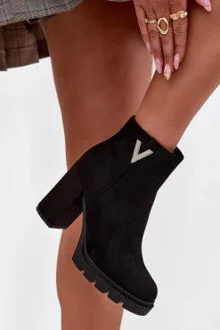 Damskie Boto Botki Damskie Ocieplane Na Słupku Z Ozdobnym Detalem Czarne Briella