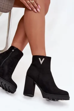 Damskie Boto Botki Damskie Ocieplane Na Słupku Z Ozdobnym Detalem Czarne Briella