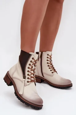 Buty damskie Vinceza Botki Ocieplane|Botki Sznurowane*Botki Damskie Ocieplane Na Klocku Vinceza 58559 Beżowe