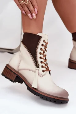 Buty damskie Vinceza Botki Ocieplane|Botki Sznurowane*Botki Damskie Ocieplane Na Klocku Vinceza 58559 Beżowe