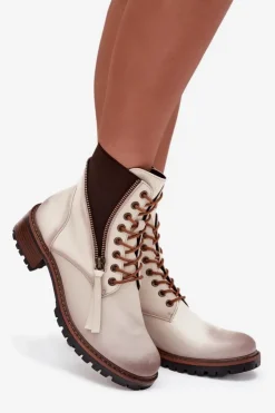 Buty damskie Vinceza Botki Ocieplane|Botki Sznurowane*Botki Damskie Ocieplane Na Klocku Vinceza 58559 Beżowe