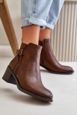 New Boto Botki Damskie Ocieplane Na Słupku Z Klamrą Brązowe Nevillira