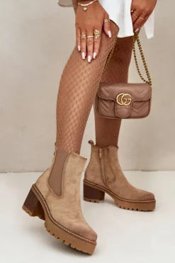 Boto Botki Damskie Ocieplane Na Słupku Eko Zamszowe Beżowe Irissinae