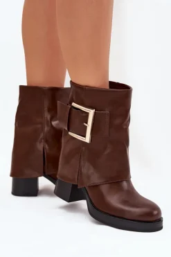 Damskie Boto Botki Damskie Ocieplane Na Słupku Ze Złotą Klamrą Brązowe Milira