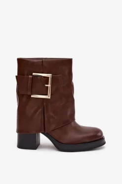 Damskie Boto Botki Damskie Ocieplane Na Słupku Ze Złotą Klamrą Brązowe Milira