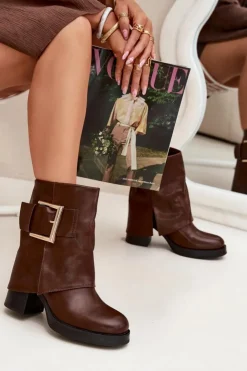 Damskie Boto Botki Damskie Ocieplane Na Słupku Ze Złotą Klamrą Brązowe Milira