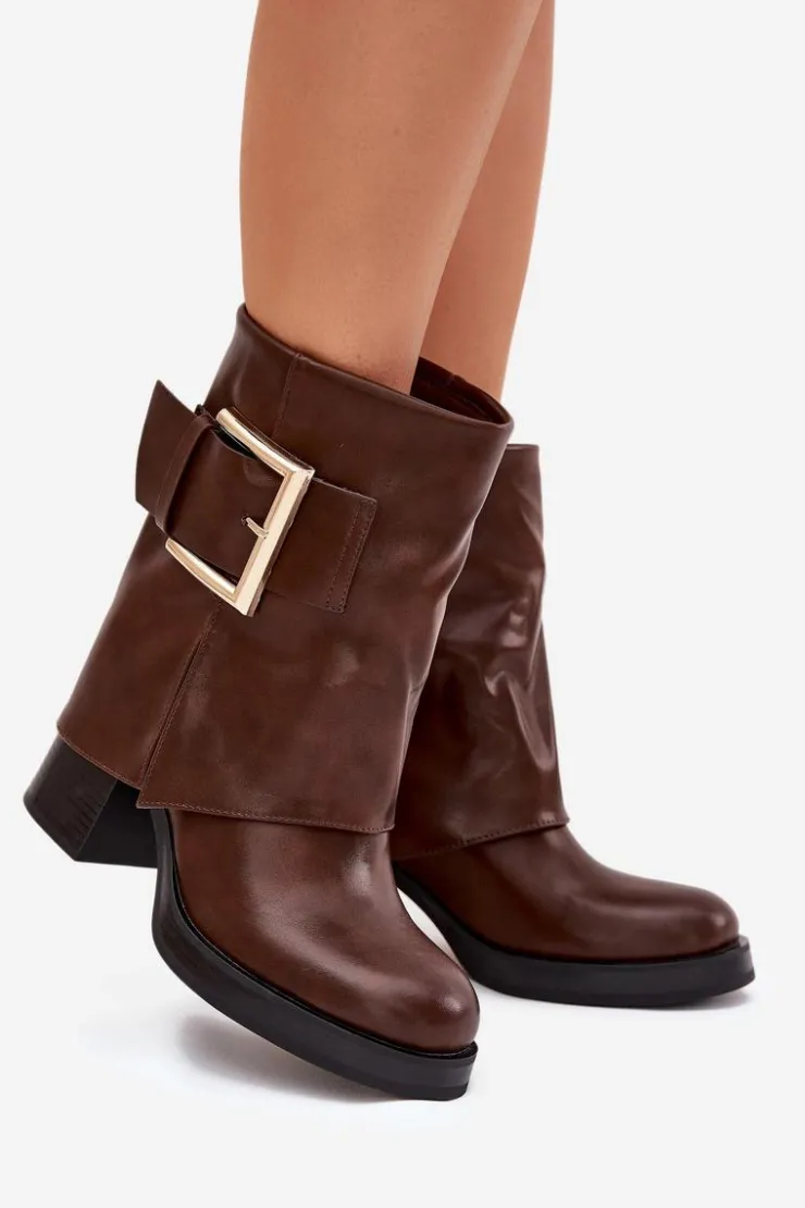 Damskie Boto Botki Damskie Ocieplane Na Słupku Ze Złotą Klamrą Brązowe Milira