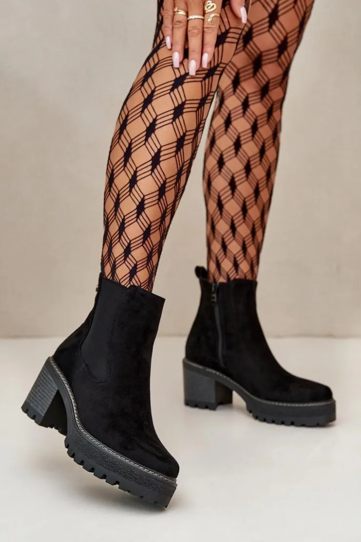 Boto Botki Ocieplane|Brązowe I Beżowe Botki*Botki Damskie Ocieplane Na Słupku Eko Zamszowe Czarne Irissinae Czarny