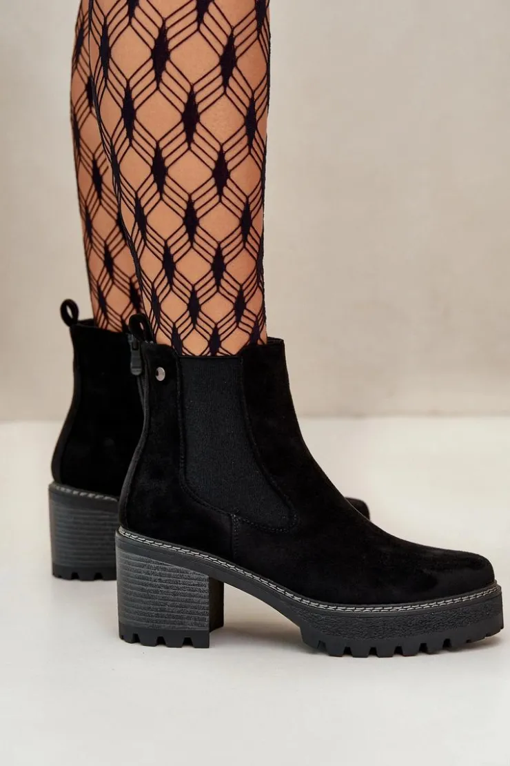 Boto Botki Ocieplane|Brązowe I Beżowe Botki*Botki Damskie Ocieplane Na Słupku Eko Zamszowe Czarne Irissinae Czarny