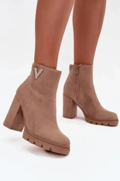 Damskie Boto Botki Damskie Ocieplane Na Słupku Z Ozdobnym Detalem Beżowe Briella