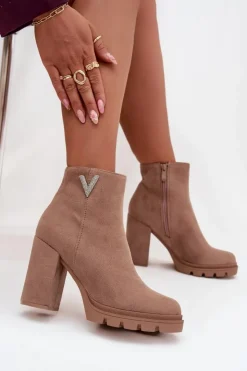 Damskie Boto Botki Damskie Ocieplane Na Słupku Z Ozdobnym Detalem Beżowe Briella