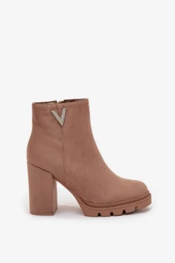 Damskie Boto Botki Damskie Ocieplane Na Słupku Z Ozdobnym Detalem Beżowe Briella