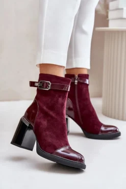 Damskie buty S.Barski Botki Na Słupku|Czarne Botki*Botki Damskie Ocieplane Na Obcasie Słupku Z Ozdobną Klamrą D&A MR880-085 Bordowe
