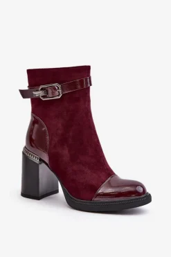 Damskie buty S.Barski Botki Na Słupku|Czarne Botki*Botki Damskie Ocieplane Na Obcasie Słupku Z Ozdobną Klamrą D&A MR880-085 Bordowe
