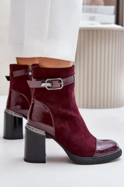 Damskie buty S.Barski Botki Na Słupku|Czarne Botki*Botki Damskie Ocieplane Na Obcasie Słupku Z Ozdobną Klamrą D&A MR880-085 Bordowe
