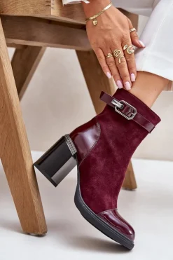 Damskie buty S.Barski Botki Na Słupku|Czarne Botki*Botki Damskie Ocieplane Na Obcasie Słupku Z Ozdobną Klamrą D&A MR880-085 Bordowe
