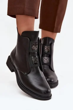 Discount Evento Botki Damskie Ocieplane Na Niskim Obcasie Z Ozdobami Czarne Tavressa Czarny