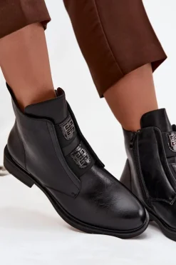 Discount Evento Botki Damskie Ocieplane Na Niskim Obcasie Z Ozdobami Czarne Tavressa Czarny