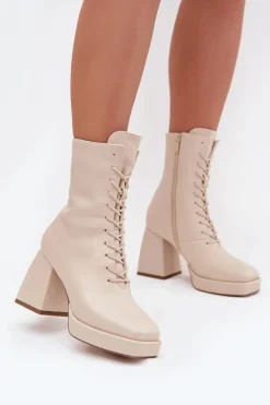 Damskie Boto Botki Damskie Ocieplane Na Słupku Ze Sznurowaniem Jasnobeżowe Juvina