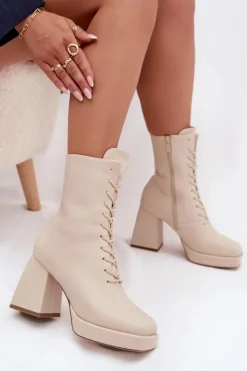 Damskie Boto Botki Damskie Ocieplane Na Słupku Ze Sznurowaniem Jasnobeżowe Juvina