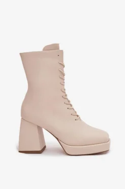 Damskie Boto Botki Damskie Ocieplane Na Słupku Ze Sznurowaniem Jasnobeżowe Juvina