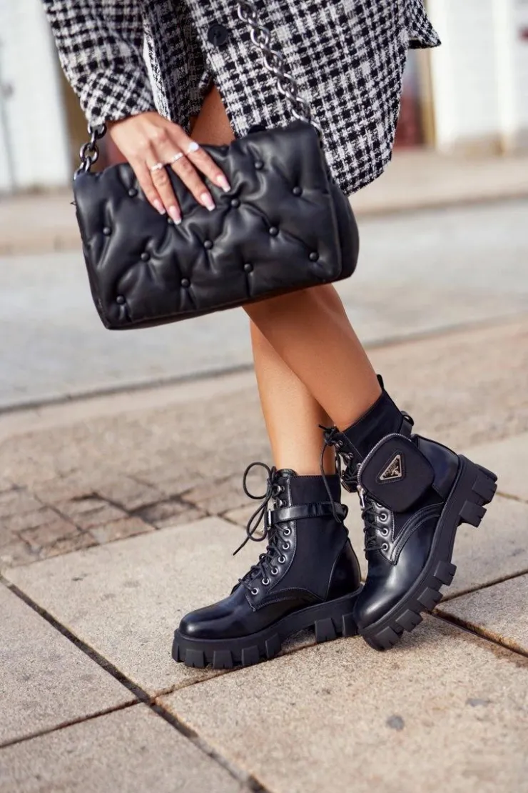 Outlet Boto Botki Damskie Ocieplane Na Platformie z Nerką Czarne Tension