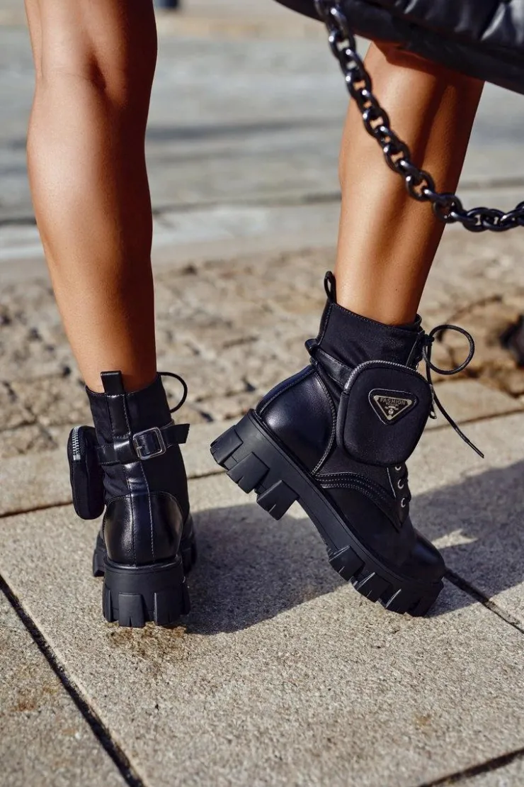 Outlet Boto Botki Damskie Ocieplane Na Platformie z Nerką Czarne Tension