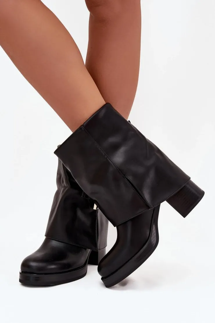 Outlet Boto Botki Damskie Ocieplane Na Słupku Ze Złotą Klamrą Czarne Milira