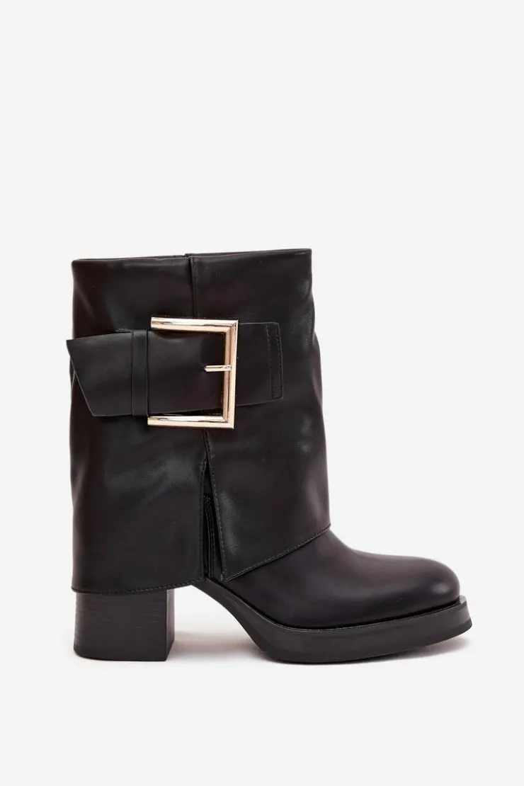 Outlet Boto Botki Damskie Ocieplane Na Słupku Ze Złotą Klamrą Czarne Milira