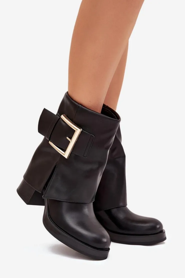 Outlet Boto Botki Damskie Ocieplane Na Słupku Ze Złotą Klamrą Czarne Milira