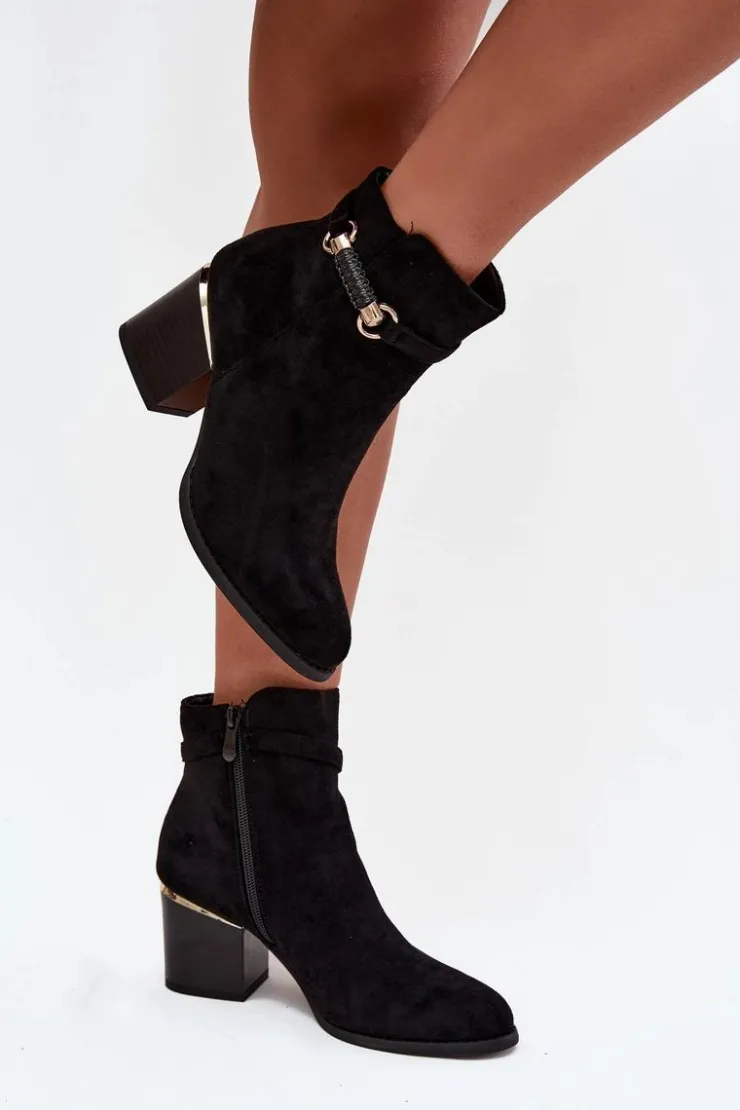 Clearance Boto Botki Damskie Ocieplane Na Słupku Z Ozdobnym Paskiem Czarne Galissa Czarny