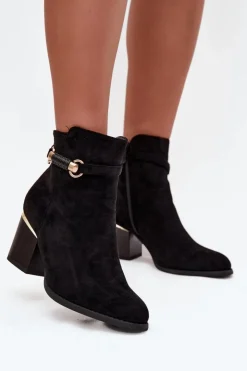 Clearance Boto Botki Damskie Ocieplane Na Słupku Z Ozdobnym Paskiem Czarne Galissa Czarny