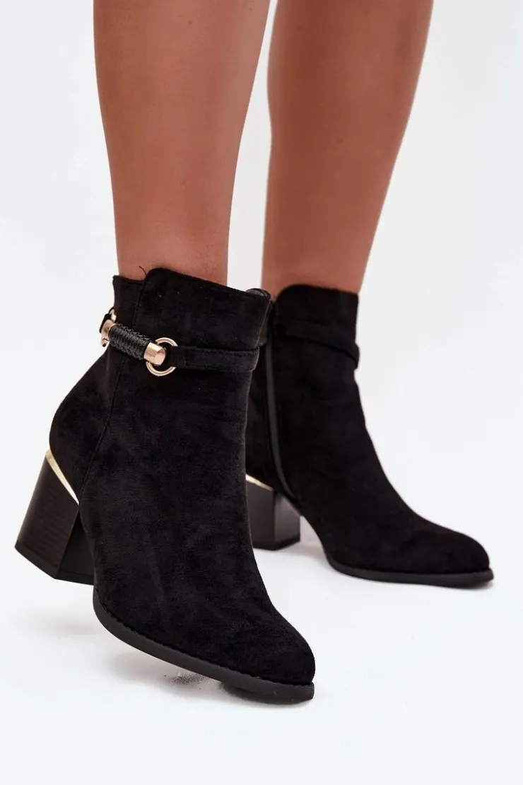 Clearance Boto Botki Damskie Ocieplane Na Słupku Z Ozdobnym Paskiem Czarne Galissa Czarny