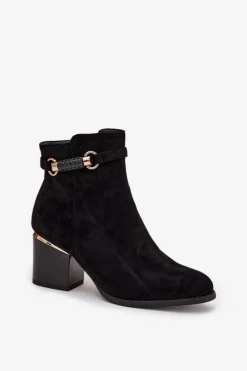 Clearance Boto Botki Damskie Ocieplane Na Słupku Z Ozdobnym Paskiem Czarne Galissa Czarny