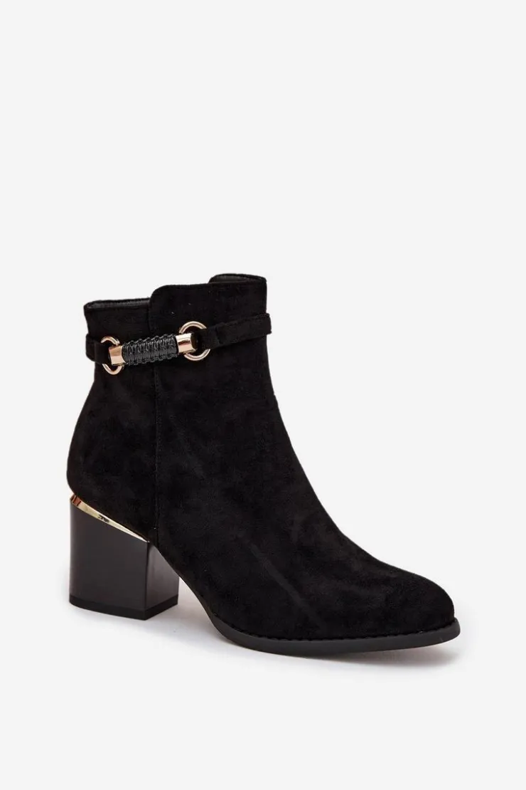 Clearance Boto Botki Damskie Ocieplane Na Słupku Z Ozdobnym Paskiem Czarne Galissa Czarny