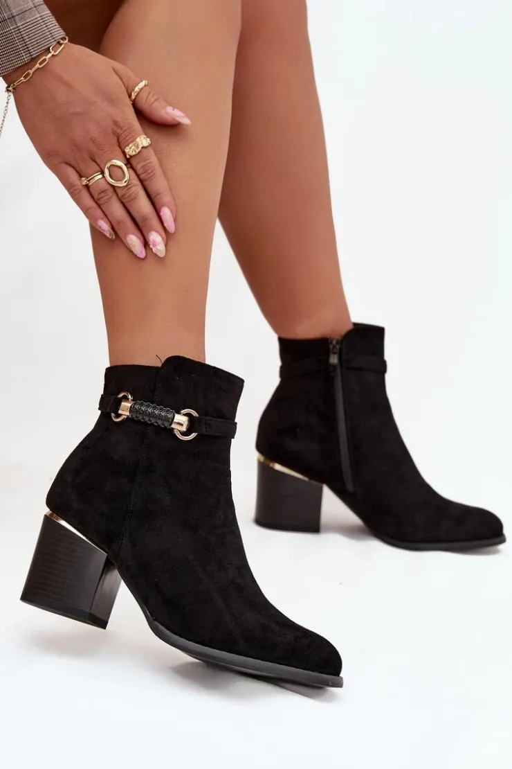 Clearance Boto Botki Damskie Ocieplane Na Słupku Z Ozdobnym Paskiem Czarne Galissa Czarny