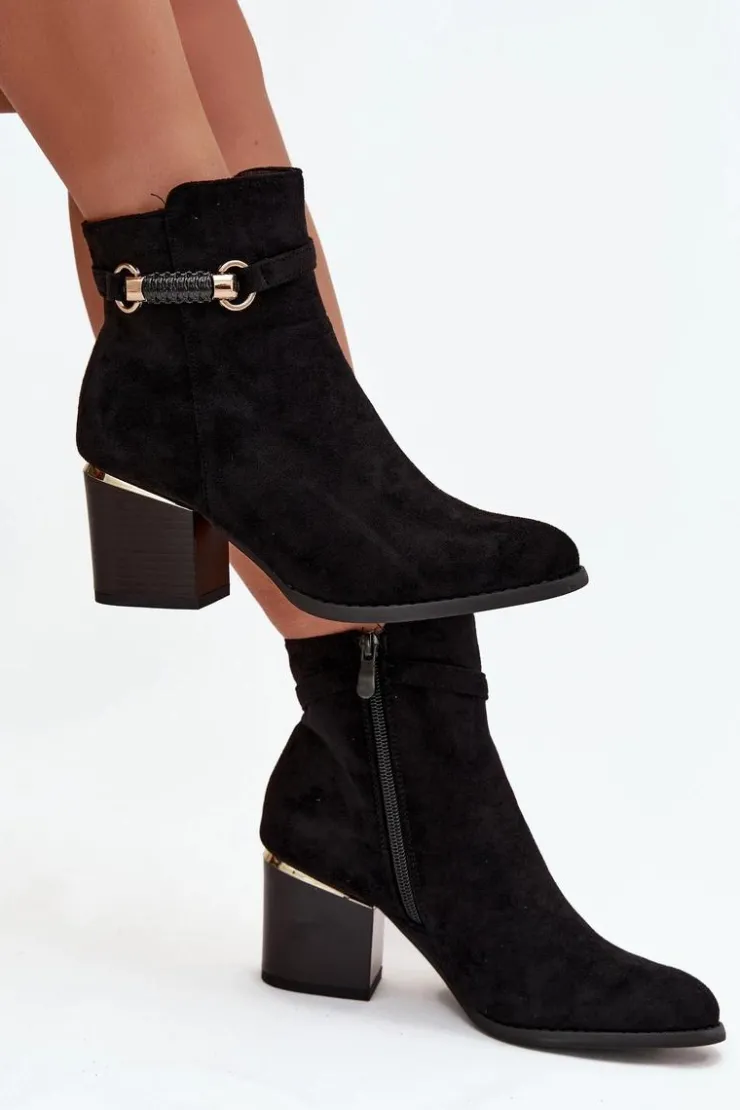 Clearance Boto Botki Damskie Ocieplane Na Słupku Z Ozdobnym Paskiem Czarne Galissa Czarny