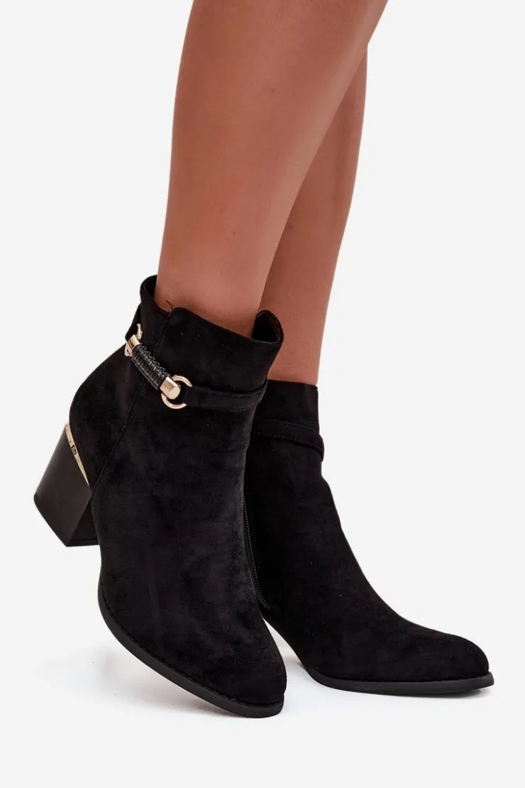 Clearance Boto Botki Damskie Ocieplane Na Słupku Z Ozdobnym Paskiem Czarne Galissa Czarny