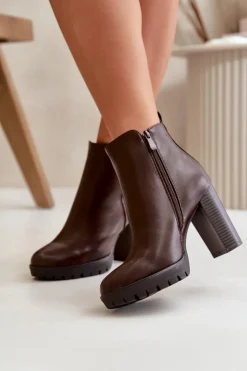 Boto Botki Damskie Ocieplane Na Wysokim Słupku Zapinane Na Zamek Ciemnobrązowe Bioria