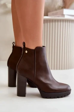 Boto Botki Damskie Ocieplane Na Wysokim Słupku Zapinane Na Zamek Ciemnobrązowe Bioria