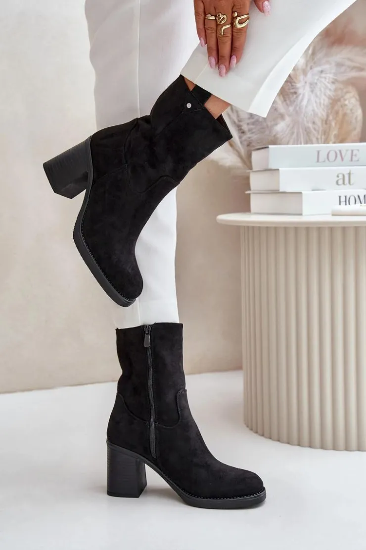 Outlet Boto Botki Damskie Ocieplane Na Obcasie Słupku Eko Zamszowe Czarne Vellinga