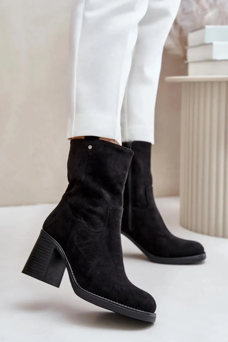 Outlet Boto Botki Damskie Ocieplane Na Obcasie Słupku Eko Zamszowe Czarne Vellinga