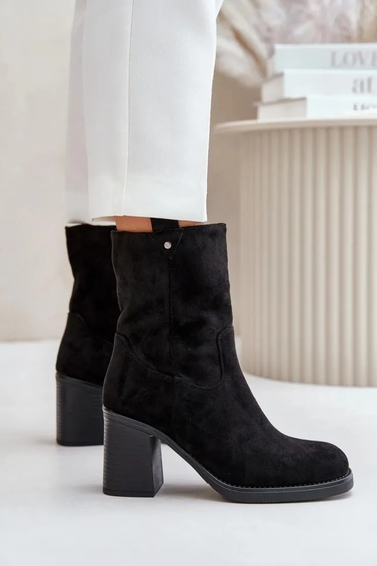 Outlet Boto Botki Damskie Ocieplane Na Obcasie Słupku Eko Zamszowe Czarne Vellinga