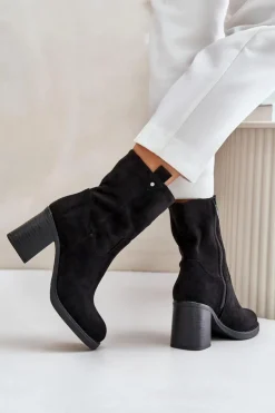 Outlet Boto Botki Damskie Ocieplane Na Obcasie Słupku Eko Zamszowe Czarne Vellinga