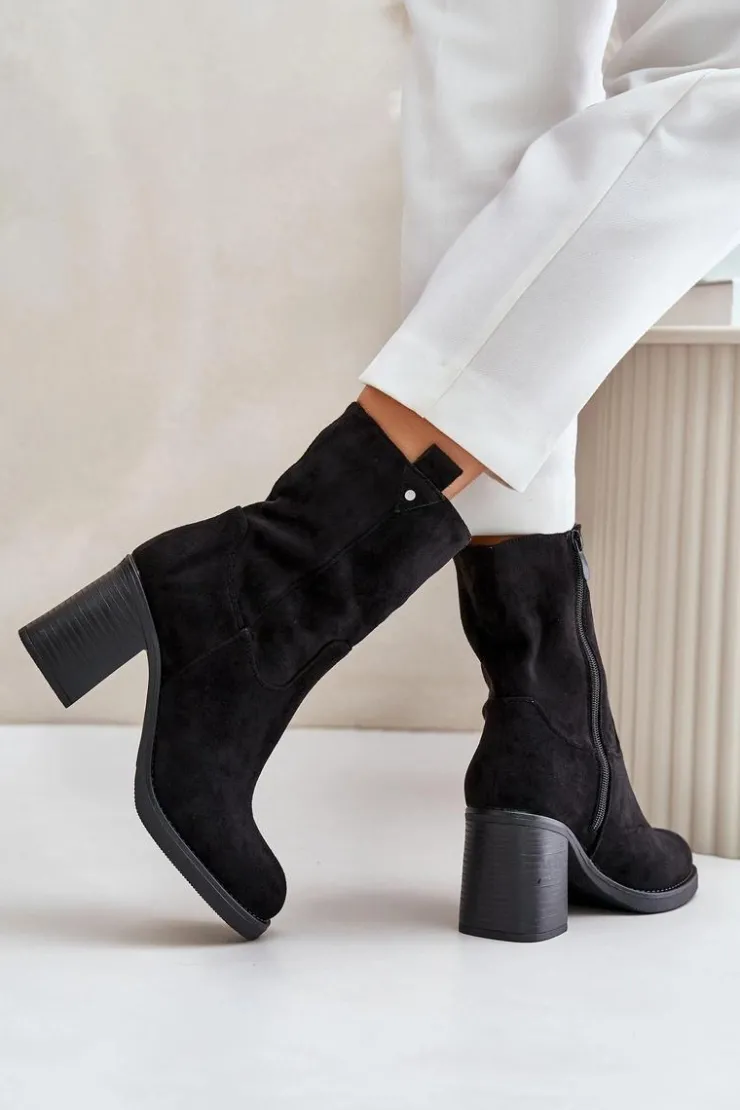 Outlet Boto Botki Damskie Ocieplane Na Obcasie Słupku Eko Zamszowe Czarne Vellinga