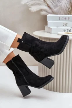 Outlet Boto Botki Damskie Ocieplane Na Obcasie Słupku Eko Zamszowe Czarne Vellinga