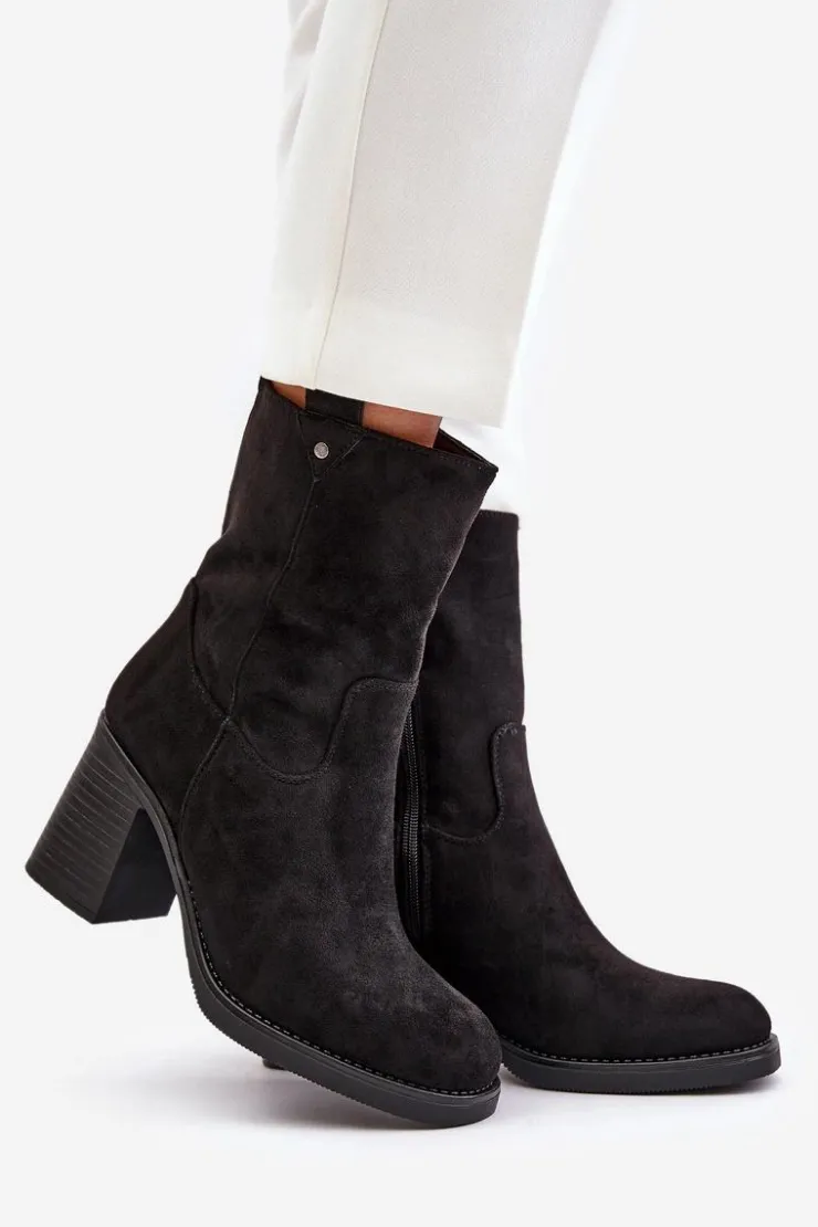 Outlet Boto Botki Damskie Ocieplane Na Obcasie Słupku Eko Zamszowe Czarne Vellinga