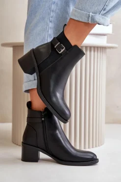 New Boto Botki Damskie Ocieplane Na Słupku Z Klamrą Czarne Nevillira Czarny