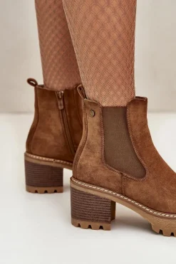 Damskie Boto Botki Damskie Ocieplane Na Słupku Eko Zamszowe Brązowe Irissinae